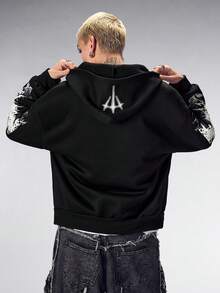 ROMWE MEN Men's Gothic Letter Print Zip-Up Casual Loose Hoodie Sweatshirt - Black - View 4