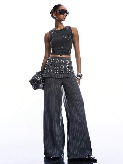 LYSMO 2026 New Arrive Minimalism Spring/Summer Women's Line Print Circular Decor Fashion Suit Pants,Work Outfits/Business Casual/ Office Outfits For Women,Striped/Casual