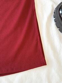 Tween Girl High Waist Pleated Slit Hem Ribbed Knit Skirt - Burgundy - View 5