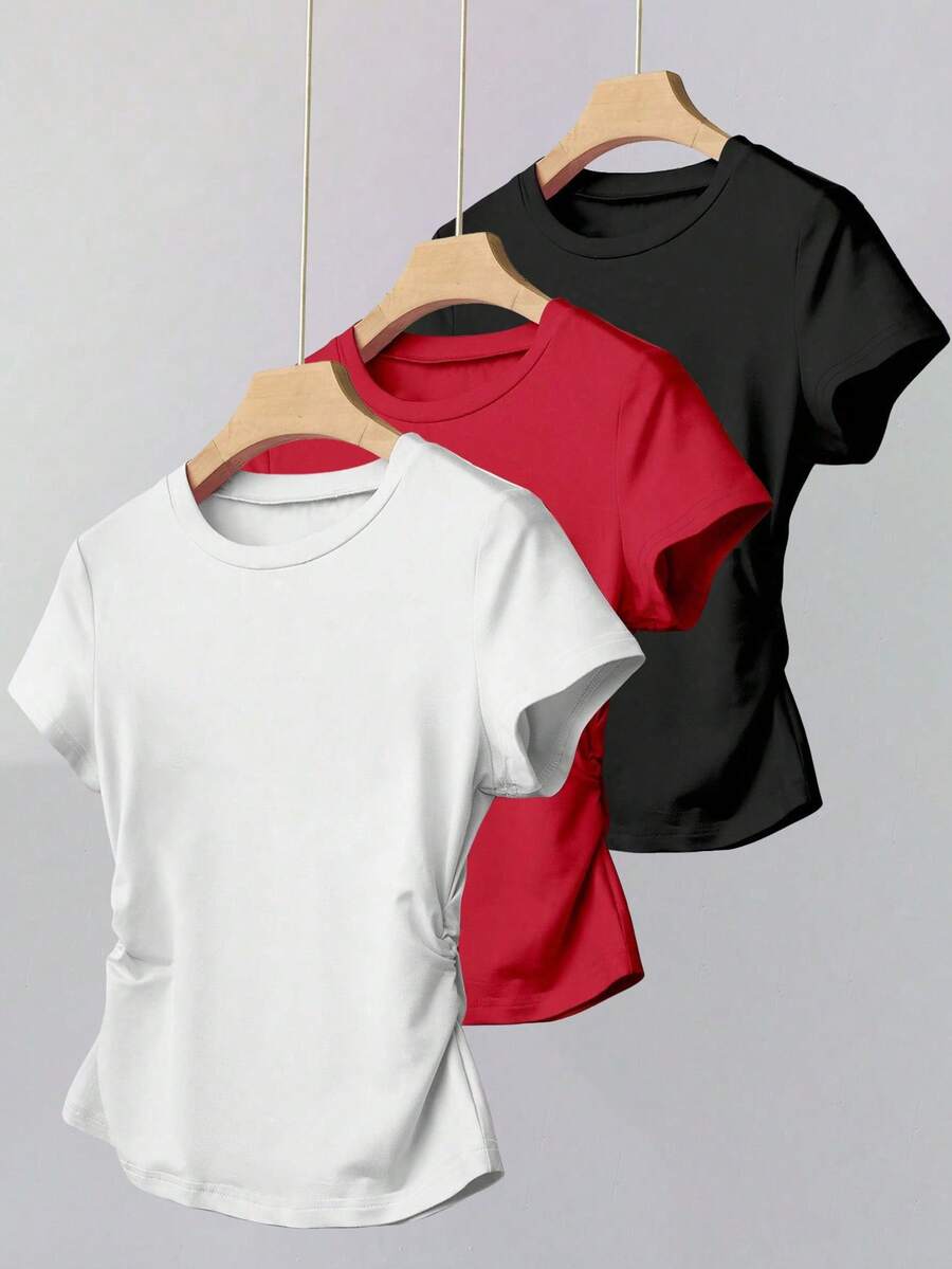 SHEIN مجموعة 3 قطع قميص كروب ضيق بألوان سادة للفتيات المراهقات - متعدد الألوان - مشاهدة 1