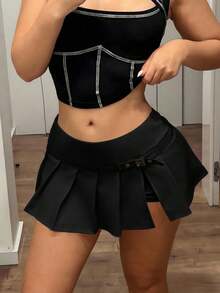 SHEIN ICON Chân váy xếp ly ngắn màu trơn tối giản, gợi cảm kiểu sinh viên. - màu đen - Xem 5