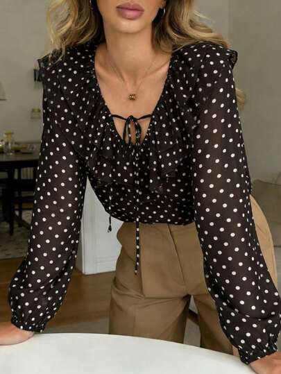 Pariaura レディース ヴィンテージ ドット柄 シフォンブラウス ラッフル Vネック リボン ランタンスリーブ シャツ