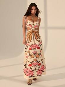 SHEIN PETITE Đầm maxi nữ phong cách Boho nhiệt đới, họa tiết cây dừa và hoa nhiều màu sắc, không tay, thắt eo, thích hợp cho kỳ nghỉ. - Nhiều màu - Xem 2