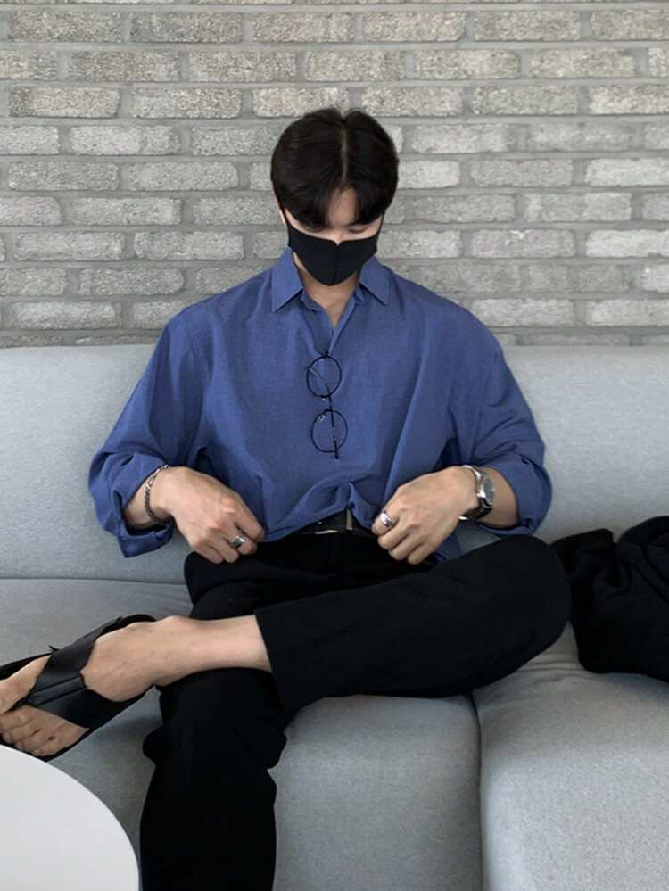 Men's Solid Blue Long Sleeve Shirt, Spring/Autumn