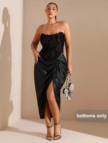 SHEIN BAE Plus Size Women's High Slit PU Ruched Skirt,Black,Winter,Elegant,Festa Chic Autumn Halloween Christmas Party Evening Wedding Guest New Fall Fashion - Black - View 4