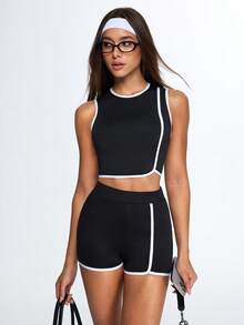 Eassivo Eassivo 女士撞色无袖瑜伽运动套装 - 黑色 - 查看 4