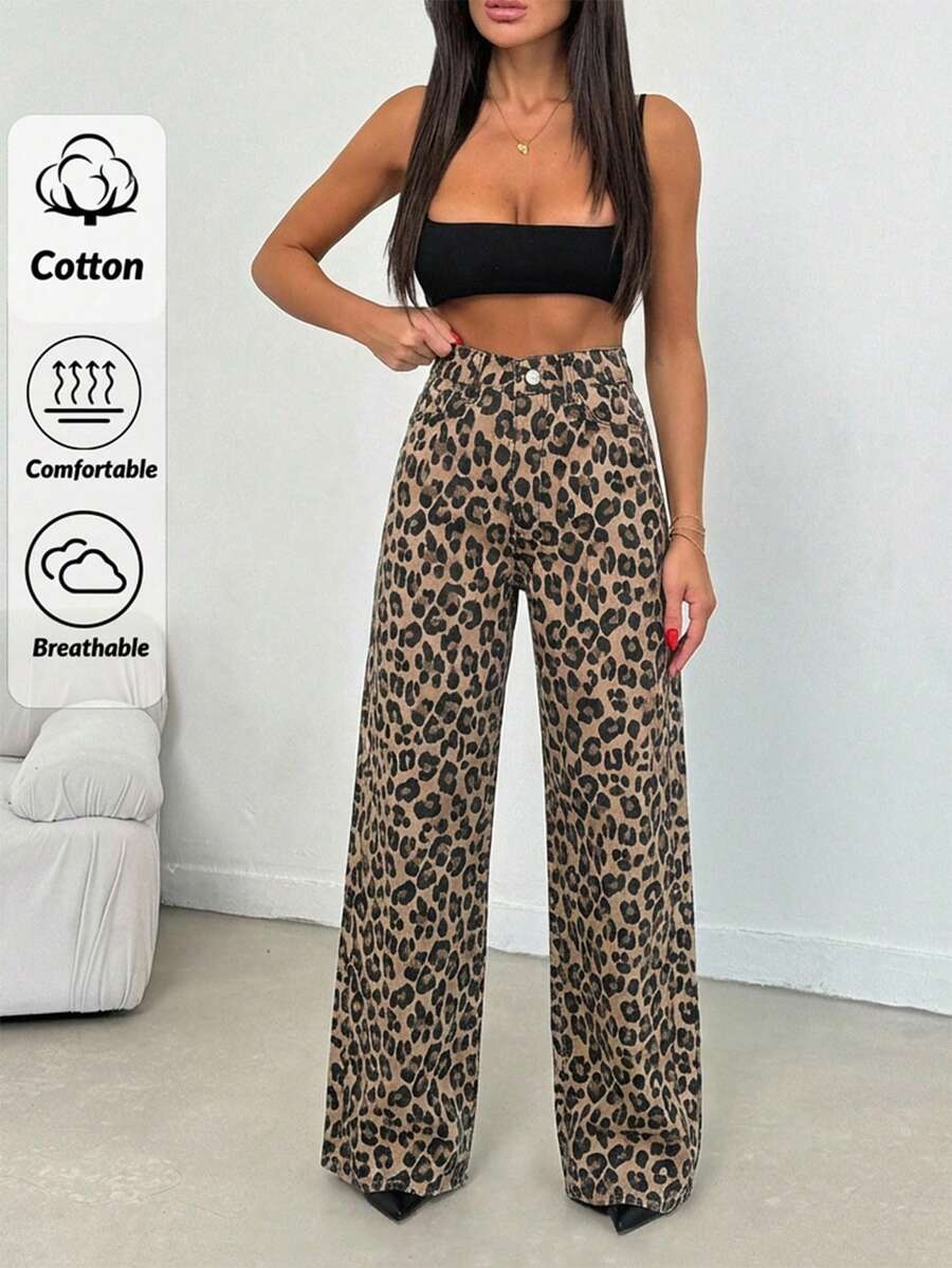 SHEIN PETITE 100% Cotton MID RISE WIDEEG CUT LEOPARD PETITE JEAN - Multicolor - View 1
