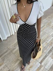 Sunnyshic Black & White Polka Dot Ruffle Sleeve Split Hem Dress - Black and White - View 3