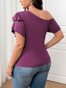 Elenzga Áo thun tay ngắn dáng rộng, hở vai, dáng rộng, đa năng, size lớn cho nữ - Màu tím - Xem 2
