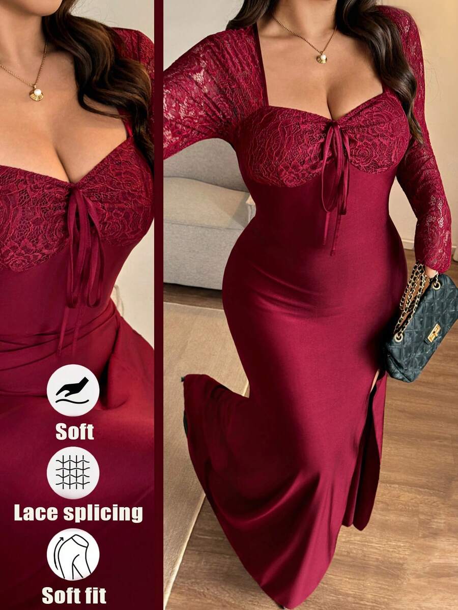 Flirla Bodycon-Kleid mit Schlitz in Rot und Spitze-Patchwork für Damen in Große Größen, minimalistisch & elegant für Partys - Rot - Übersicht 1