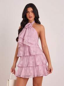 Enchnt Damen Mehrschichtiges Blumen Dekor Neckholder Kurzes Tortenkleid - Babypink - Übersicht 4