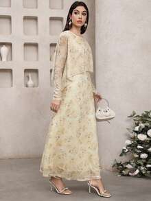 Veilorie Women's Floral Print Round Neck Long Sleeve Elegant Arabic Dress - Multicolor - View 7