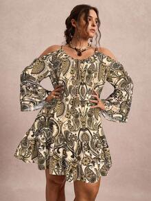 Freevana Plus Size Cold-Shoulder Spaghetti Strap Flare Sleeve Vintage Dress - Apricot - View 5
