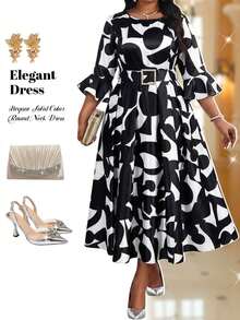 Fleurora 大码女士几何印花圆领喇叭袖优雅连衣裙 - 彩色 - 查看 3