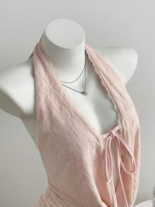 Elamini Robe décontractée élégante et sexy pour femmes, en maille et dentelle, avec bretelles nouées, col drapé profond, tissu texturé, ourlet à volants, robe patineuse - Rose bonbon - Voir 1