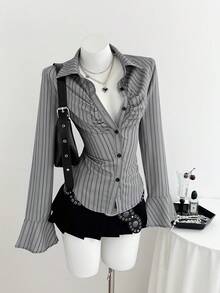 Elamini 女士时尚休闲条纹印花长袖衬衫 - 灰色 - 查看 3