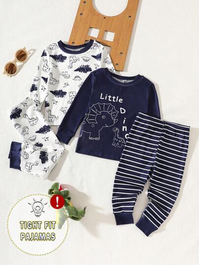 4pcs Baby Boy Casual Dinosaur Print Long Sleeve Top And Pants Set, Comfortable Soft Knit Homewear, Suitable For All Seasons