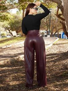 Lupita Cardoza Damen Burgund rote Leder Hose mit Knopfleiste, minimalistisch, Lässig, Alltagskleidung, Damenbekleidung - Bordeaux - Übersicht 2