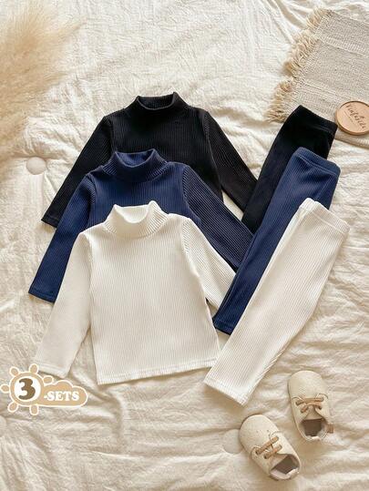 Vintaside Kids 3 件套男婴 T 恤套装，舒适柔软面料，高领设计，多色，时尚百搭家居服和外套款式，可爱的 2 件套服装套装