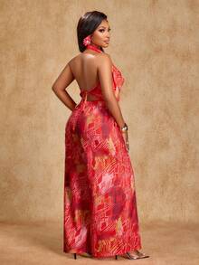 Brilight Women's Elegant Geometric Print Drape Neck Asymmetric Hem Backless Tank And Pocket Wide Leg Pants Spring & Summer Two Pieces Outfits - Red - View 2