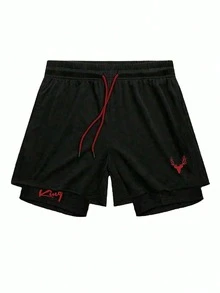 Manfinity Sport Corelite Bộ đồ thể thao nam in hình đầu hươu gồm áo thun và quần short, tay ngắn, bộ tập luyện, quần áo tập gym, quần áo thể thao nam, bộ đồ chạy bộ, bộ đồ tập gym, bộ đồ tập thể dục, áo nén thể thao nam. - màu đen - Xem 4