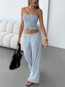 Aloruh Women's Vacation Striped Tube Top And Pants Fashion 2 Pieces Set - Coffee Brown - View 4