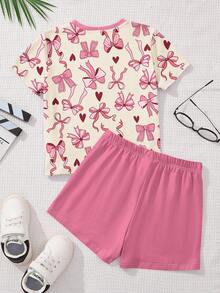 Bộ 2 món cho bé gái tuổi teen, gồm áo thun và quần short in hình trái tim và nơ dễ thương, phong cách tối giản thường ngày, phù hợp cho mùa hè. - Nhiều màu - Xem 3