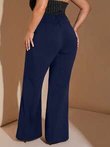 SHEIN BAE 大码女装秋冬通勤优雅休闲街头阔腰喇叭裤教师裤女裤 - 藏蓝色 - 查看 2