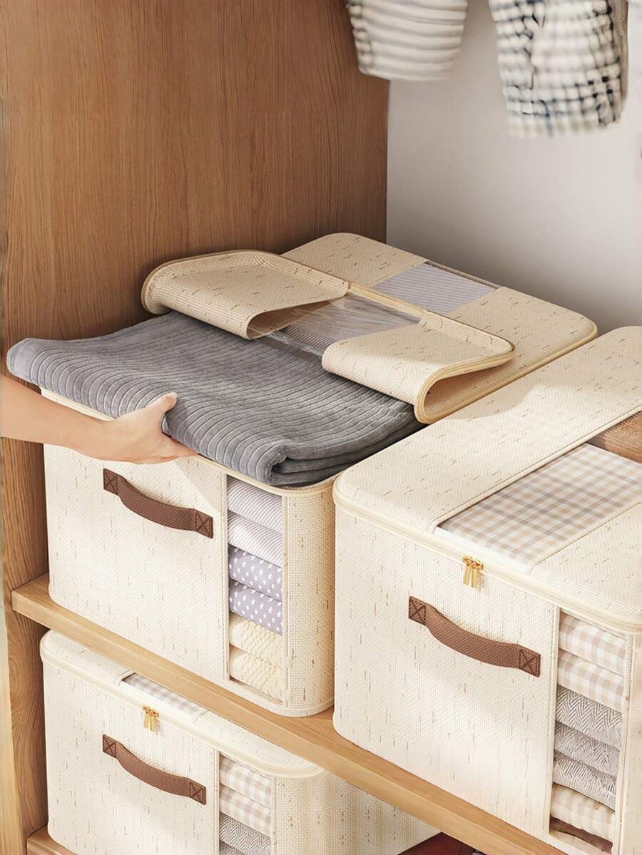 1 pièce Boîte de rangement beige avec poignée, boîte de rangement pliable en tissu pour vêtements, organisateur de couverture, sac de rangement saisonnier, sac de rangement pour couette et literie, étagère de placard, gain d'espace, décoration d'intérieur - Beige transparent - Voir 1
