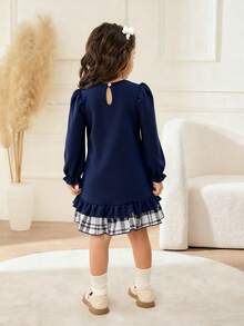 女童撞色拼接泡泡袖彼得潘领娃娃裙 - 藏蓝色 - 查看 2
