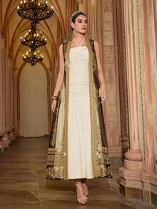 Al Najma Đầm ôm sát không tay cổ yếm dành cho nữ, trang phục kiểu Ả Rập. - Màu be - Xem 5