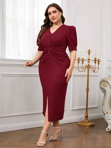 Modelyn Plus Size Women V-Neck Twist Ruched Slit Elegant Waist Gathering Party Dress - Red - View 3