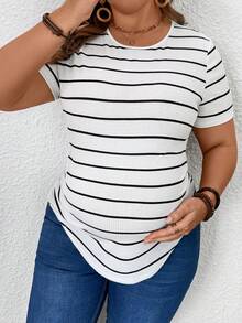 SHEIN 大码孕妇条纹圆领短袖修身休闲上衣
