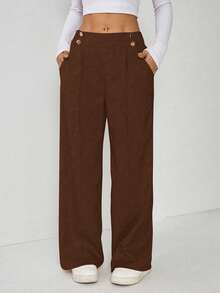 SHEIN EZwear 大码优雅休闲金属双扣直筒办公裤，秋冬款 - 棕色 - 查看 4