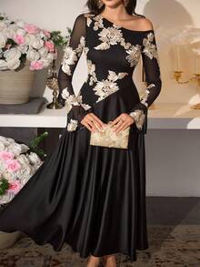 Modelyn 女士秋季棕色性感斜领网纱刺绣长袖高腰A字连衣裙 - 黑色 - 查看 6