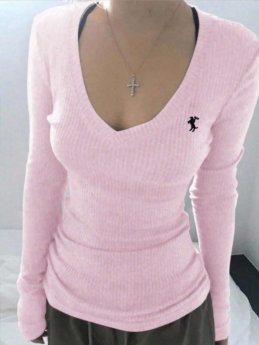 SHEIN Embroidered V-Neck Fitted Long Sleeve Women T-Shirt - Baby Pink - View 1