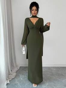 SHEIN Raffinéa Vestido ajustado y elegante con decoración de volantes en escote en V, adecuado para citas y ocasiones al aire libre, primavera/verano - Verde - Ver 6