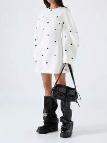 LYSMO 2026 New Arrive Minimalism Spring/Summer Women's Round Neck Long Sleeve Polka Dot Fashionable Minimalist Mini Dress - White - View 6