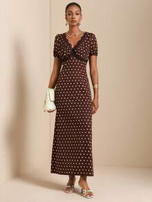 SHEIN Veneréa 女士波点印花蕾丝边法式度假连衣裙 - 棕色 - 查看 3