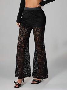 SHEIN PETITE Women's High Waist Floral Lace Elegant Fashion Flare Pants - Black - View 6