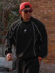 DAZY Spring Letter Print Contrast Stripe Crew Neck Men's Pullover Sweatshirt - Black - View 6