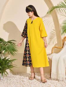 Robe décontractée de style arabe moyen-oriental pour préadolescentes, motif patchwork, jaune vif, convient pour les vacances, les sorties et les voyages - Jaune citron - Voir 4