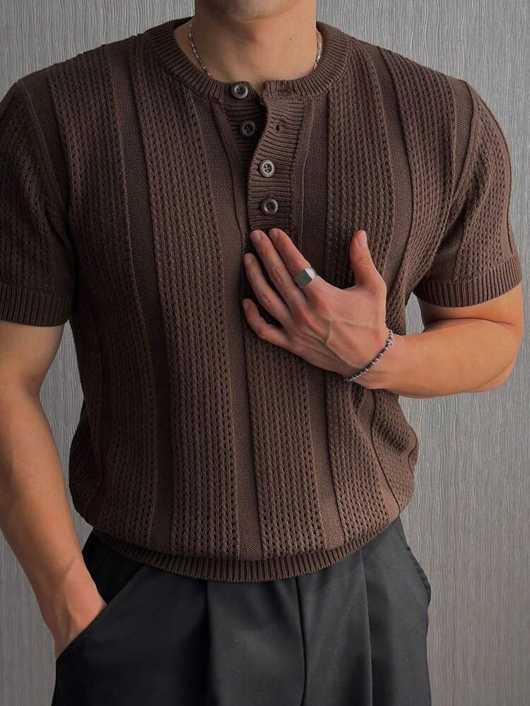 Men's Solid Color Ribbed Crew Neck Half-Zip Knit Sweater, Summer