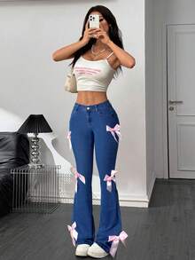 SHEIN PETITE Damen Jeans mit tailliertem Glockenrock und Schleifen-Dekor - Dunkle Waschung - Übersicht 5