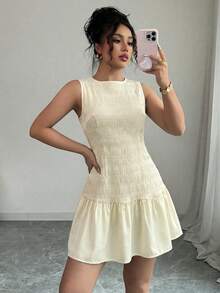 Elenzga Latest Design Women's French Elegant Apricot Round Neck Sleeveless Belted Ruffle Hem Mini Dress, Suitable For Holiday And Summer Wear, Spring/Summer - Apricot - View 3