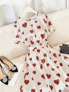 GlowEve 情人节圆领腰带扣装饰酒红色爱心蜜桃色A字长裙 - 彩色 - 查看 4