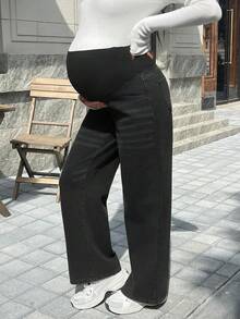 SHEIN 可调节腰围宽松孕妇直筒牛仔裤 - 黑色 - 查看 3