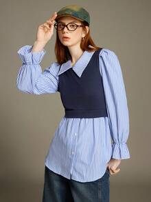 Elnivra Preppy Style Y2K Women's Striped Patchwork Collared Flare Sleeve Casual Shirt With Navy Vest 2 In 1 Design, Spring/Summer - Blue - View 6