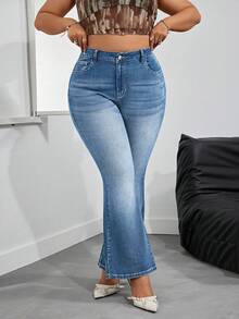 SHEIN PETITE CURVE Quần jean trơn đơn giản cỡ lớn - Rửa nhẹ - Xem 7