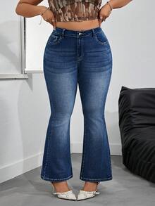 SHEIN PETITE CURVE Quần jean denim co giãn màu trơn dáng rộng, cỡ lớn - Rửa tối - Xem 3